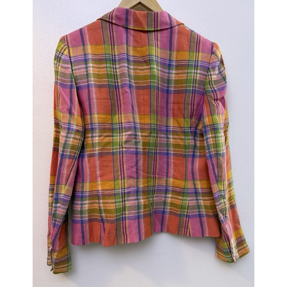 Lauren Ralph Lauren Blazer Women's 6 Multicolor Plaid 100% Linen Lined Pockets - Picture 2 of 9